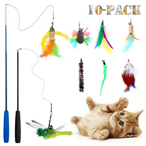 Teeyee [10 in 1 Cat Feather Toys, Cat Retractable Teaser Wand Toy Set, Interactive Cat Chaser Toy Exercising Kitten Cat, Included 2 Wands & 8 Refills Feathers