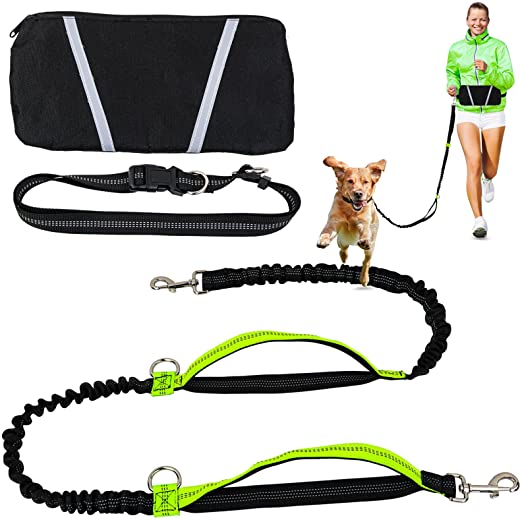 Hands Free Dog Professional Leash for Medium Large Dogs ,with Reflective Stitches,Waist Bag,Durable Bungee, Thick Padded Handle for Training, Walking, Jogging and Running with Pet