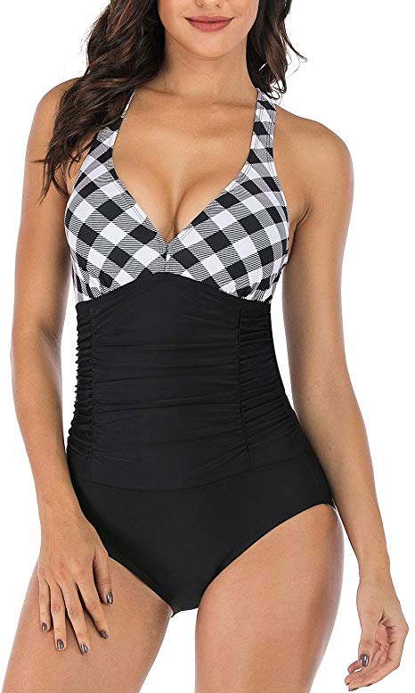 HAIVIDO V Neck One Piece Swimsuits with Ruching Bathing Suits Tummy Control Beach Swimwear for Women