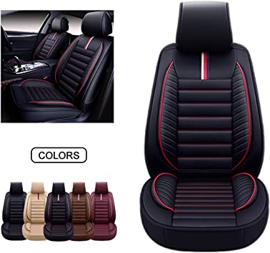 OASIS AUTO OS-001 Leather Car Seat Covers, Faux Leatherette Automotive Vehicle Cushion Cover for 5 Passenger Cars & SUV Universal Fit Set for Auto Interior Accessories (Front Pair, Black&RED)