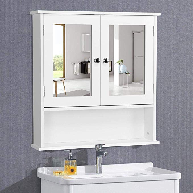 Yaheetech Medicine Cabinet with Double Mirror Doors, Bathroom Wall Mount Cabinet with Shelf, Wooden Storage Cabinets Organizer for Living Room, Home Kitchen Furniture