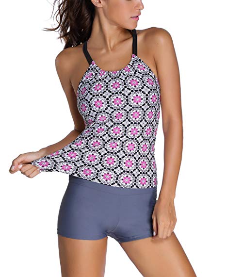 NuoReel Women Banded Printed Tankini Top with Triangle Briefs Swimsuit