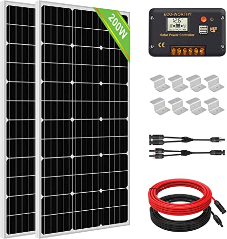 ECO-WORTHY 200W Solar Panel Kit 12V/24V Off Grid Solar System: 2pcs 100W Solar Panels with 20A 12V/24V LCD Display Positive Ground Solar Charger Controller for RV Boat Yacht Shed Water Pump