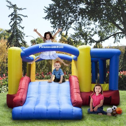 PicassoTiles KC102 12x10 Foot Inflatable Bouncer Jumping Bouncing House, Jump Slide and Dunk Playhouse Featuring Basketball Dunking Rim, 4 Sports Balls, Extended Slider, Full Size Entry, Quick Setup