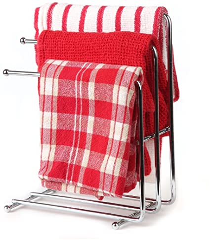 Home-X - Free Standing Towel Rack, Space Saving Kitchen Towel & Hand Towel Rack Holds 3 Towels at Once, Polished Chrome Finish & Design Looks Great in Kitchens & Bathrooms (Towels Not Included)