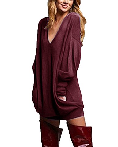 ZANZEA Women's V-Neck Long Sleeve Loose Blouse Jumper Tops Mini Dress Pullover