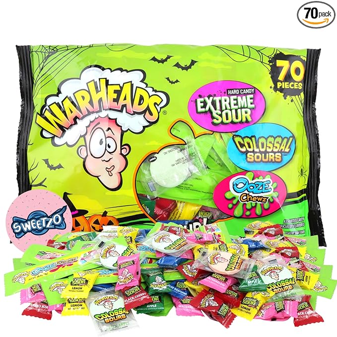 Individually Wrapped Extreme Sour Halloween Candies, Trick or Treat Handouts and Bowl Fillers, Sticker Included, 13.2 Ounces, 70 Pieces