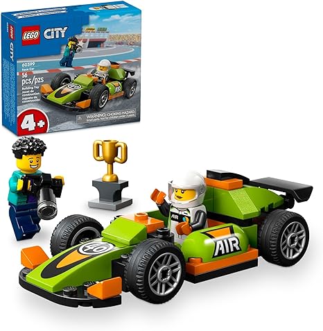 LEGO City Green Race Car Toy, Classic-Style Racing Vehicle, Small Toy Gift for Kids, Building Kit for Boys and Girls Ages 4 and Up, Photographer and Driver Minifigures, 60399