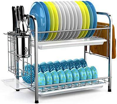Dish Drying Rack, iSPECLE 2-Tier 304 Stainless Steel Dish Rack with Utensil Holder, Cutting Board Holder and Dish Drainer for Kitchen Counter, Dish Dryer Silver