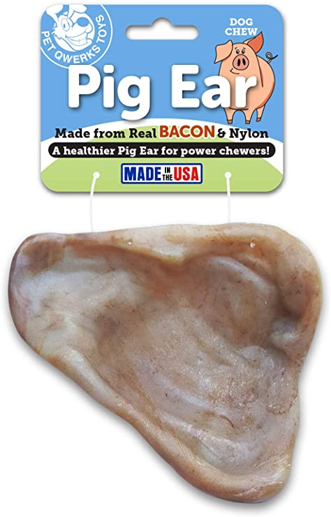 Pet Qwerks Real Bacon Infused Pig Ear Dog Chew Toy - Durable Dog Bones for Aggressive Chewers, Tough Power Chewer Bone Toys | Made in USA with FDA Compliant Nylon - for Large & Medium Dogs (PEB1)