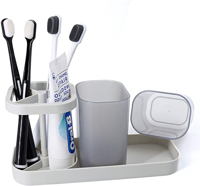 Topsky Plastic Toothbrush Toothpaste Holder and Cup Organizer, 3 Slots Electric Toothbrush Stand Decorative Dental Storage Vanity with 2 Mouthwash Cups for Bathroom Countertop Sink, Grey