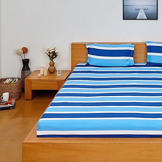 Solimo Silk Finish Nautical Stripe 180 TC 100% Cotton Double Bedsheet with 2  Pillow Covers - Blue