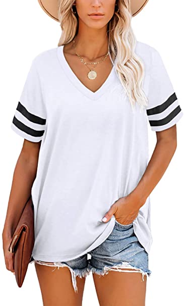 Aokosor T Shirts for Women V Neck Striped Sleeve Summer Tops Casual Loose Tee