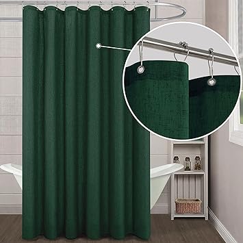 KOUFALL Dark Emerald Green Shower Curtain,Linen Textured Waterproof Cloth Fabric Shower Curtains for Bathroom Set with Hooks,72x72 Inch,Forest Green