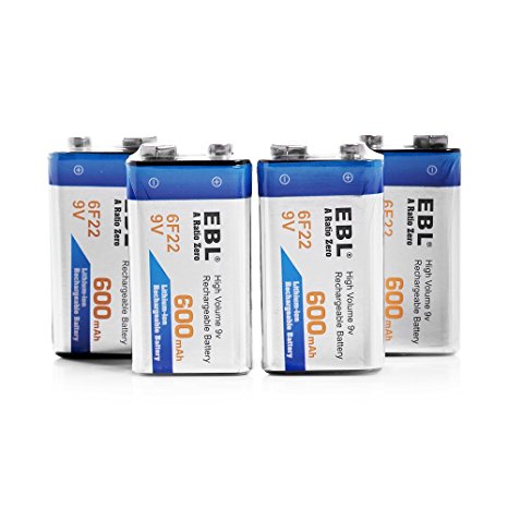 EBL 4 Pack 9V Lithium Rechargeable Batteries, 9 Volt 600mAh Li-ion 6F22 PP3 Batteries