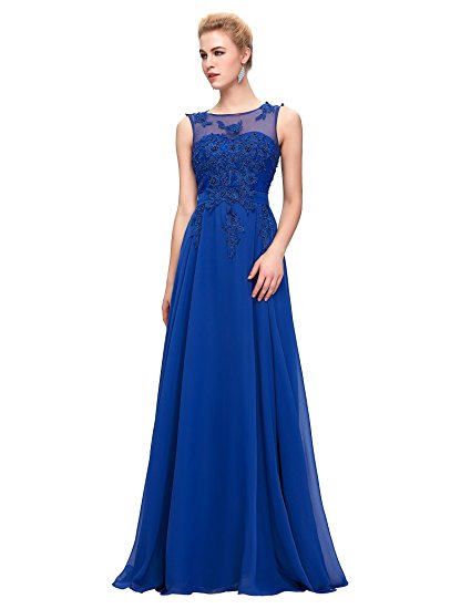 GRACE KARIN Chiffon V Back Evening Dresses Long Prom Gown With Beads Appliques