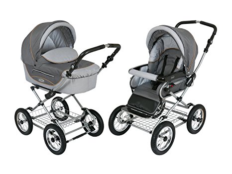 Roan Kortina Classic 2-in-1 Pram Stroller with Bassinet for Newborn Baby and Toddler Reclining Seat with Five Point Safety System UV Proof Canopy and Stainless Steel Storage Basket - (Shades of Grey)