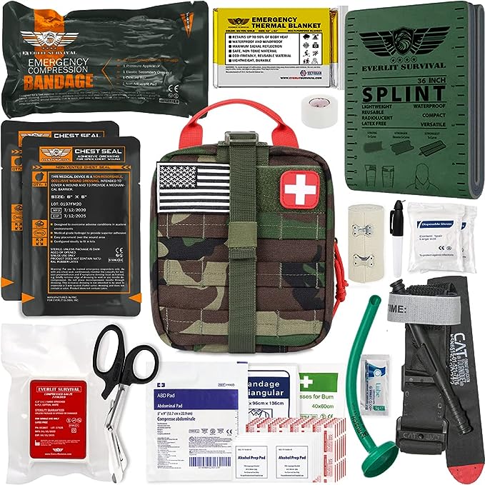 EVERLIT Advanced Emergency Trauma Kit, CAT GEN-7 Tourniquet Mil-Spec Nylon Laser Cut Pouch with 36" Splint, Military Combat Tactical IFAK for First Aid Response Bleeding Control