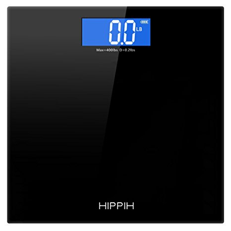 Hippih 400lb / 180kg Electronic Bathroom Scale with Tempered Right Angle Glass Balance Platform and Advanced Step-On Technology, Digital Weight Scale has Large Easy Read Backlit LCD Display D-010