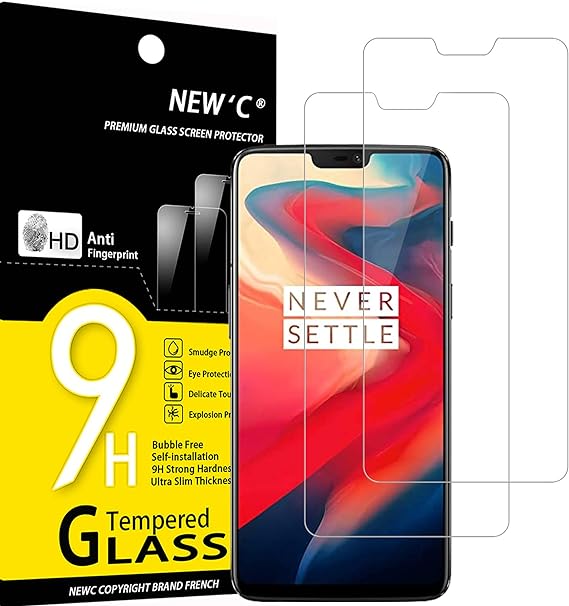 NEW'C 2 Piezas, Protector Pantalla para OnePlus 6, Cristal templado Antiarañazos, Antihuellas, Sin Burbujas, Dureza 9H, 0.33 mm Ultra Transparente, Ultra Resistente