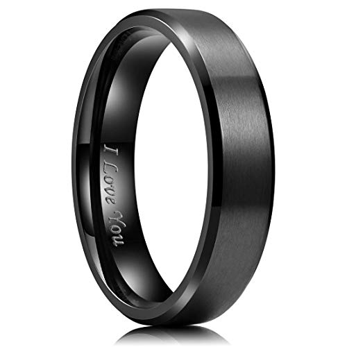 King Will 4mm/5mm/6mm/7mm/8mm Stainless Steel Ring Black Plated Matte Finish&Polished Beveled Edge with Laser Etched I Love You