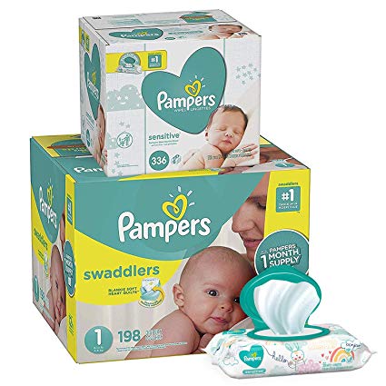 Pampers Swaddlers Disposable Baby Diapers Size 1, 198 Count and Baby Wipes Sensitive  Pop-Top Packs, 336 Count