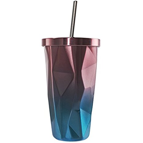 Stainless Steel Tumbler with Straw - Wim Hot and Cold Double Wall Drinking Cups Coffee Mugs 16oz Irregular Diamond with Lid (Pink)