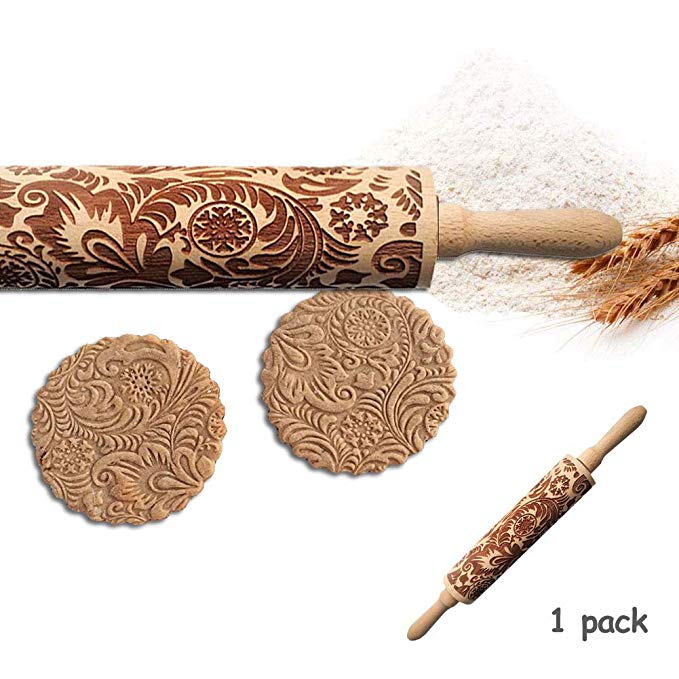 SeaHome Wooden Rolling Pins with Flower Embossing, Paisley Embossed Natural Wood Carved Snowflake Vine Plant Engraved Rolling Pin for Christmas Baking Cookies, Biscuits (35cm / 13.7")