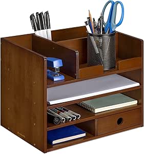 Navaris Bamboo Desk Organizer - Wood Desktop Storage Drawers and Compartments for Organizing Stationery, Documents, Files, Office Accessories - Brown