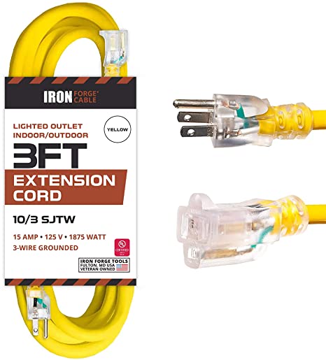 Iron Forge Cable 3 Foot Lighted Outdoor Extension Cord - 10/3 SJTW Yellow 10 Gauge Extension Cable with 3 Prong Grounded Plug for Safety, 15 AMP - Great for Garden and Major Appliances