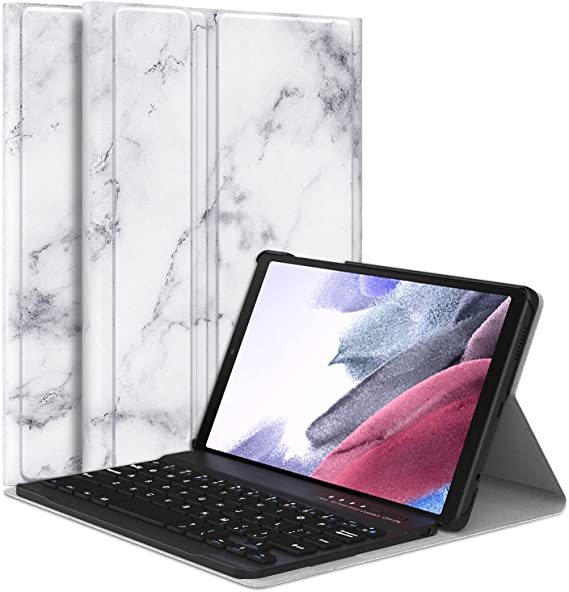 MoKo Keyboard Case Compatible with Samsung Galaxy Tab A7 Lite 8.7 2021 (SM-T225/T220/T227), PU Tablet Cover Shell Case with Removable Wireless Keyboard Fit Galaxy Tab A7 Lite 2021 Tablet, Marble White