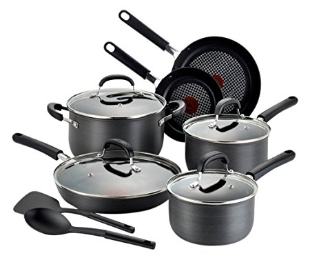 T-fal C037SC OptiCook Hard Anodized Thermo-Spot Scratch Resistant Titanium Nonstick Oven Safe PFOA Free Cookware Set, 12-Piece, Black