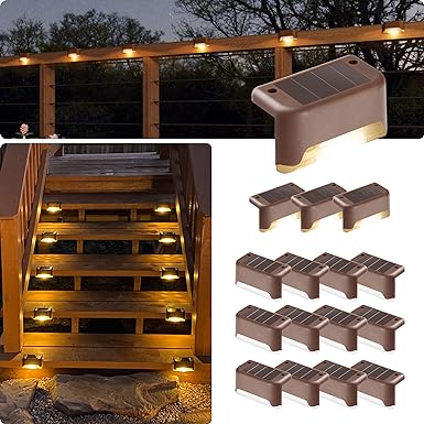 GIGALUMI Solar Deck Lights Outdoor, 16 Pack Solar Step Lights Waterproof Led Solar Lights for Outdoor Stairs, Step, Fence, Railing, Yard and Patio (Warm White)