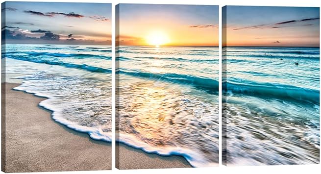 Pyradecor 3 Piece Giclee Canvas Prints Wall Art Paintings for Living Room Home Office Decorations - Blue Beach Sunrise White Wave Modern Gallery Wrapped Seascape Seaview Pictures Artwork Ready to Hang