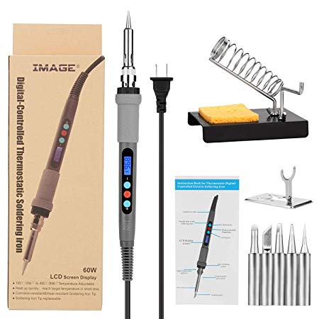 Soldering iron with LCD Screen Display Thermostatic Controlled 110V 60W 180℃/356℉-480℃/896℉ Temperature Adjustable Welding Soldering Iron Soldering Iron Kit with 5 pcs Soldering tips,2 Soldering Stand and 1 Sponge