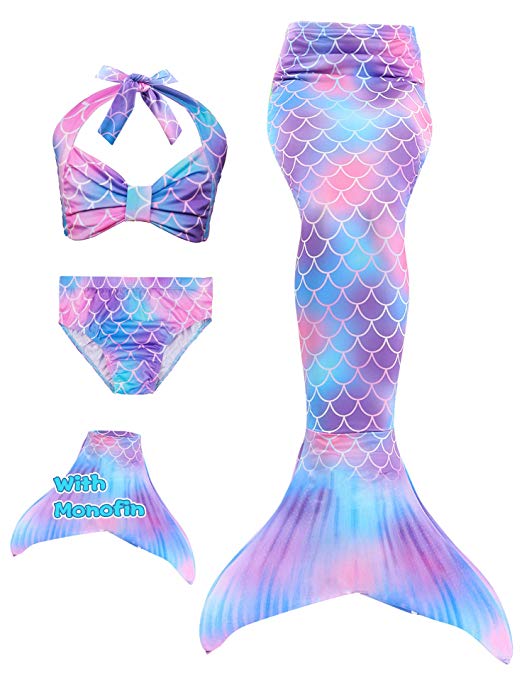 YITU Mermaid Tails Swimmable Costume Swimsuit for Girls, Kids Swimming(with Monofin)