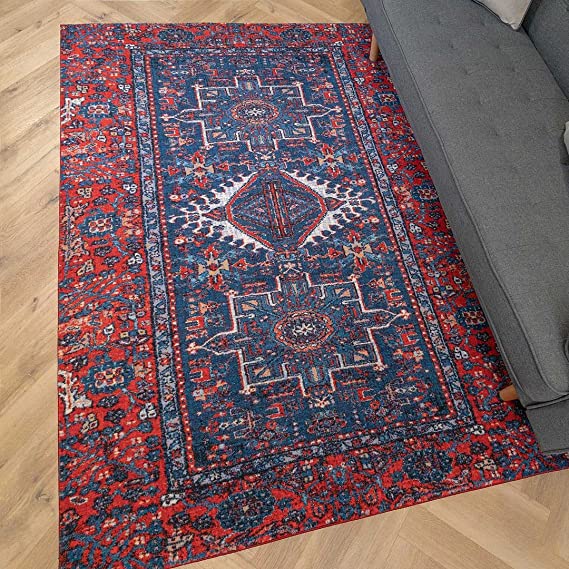 Washable Traditional Floral Red Rug Medallion Classic Persian Style Navy Blue Rugs Lounge Living Room Hallway Entrance Playroom Mats Polyester Ruggable Oriental Non Slip Carpet 80cm x 150cm