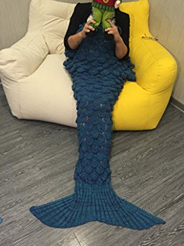 Mermaid Tail Blanket - KAZOKU Handmade Crochet Mermaid Blanket for Kids Adult, All Seasons Warm Soft Air Condition Quilt Living Room Sleeping Bags 71''x33'' Lake Blue