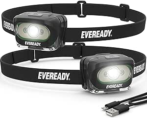 Eveready Rechargeable LED Headlamps (2-Pack), IPX4 Water Resistant Head Lights for Running, Camping, Emergency, Outdoors (USB Cable Included),Black (2-Pack),Adjustable