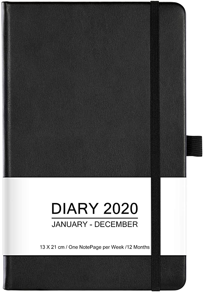 2020 Diary Week to View - 12 Months Planner with Pen Holder, Inner Pocket, Elastic Band, Marker Ribbon, Bonus Stickers, Black, 13 * 21 cm