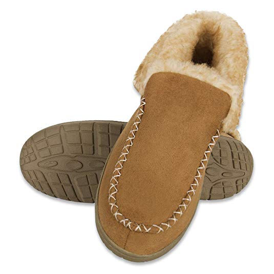 Chaps Men's Slipper House Shoe Moccasin Memory Foam Suede Indoor Outdoor Nonslip Sole Construction