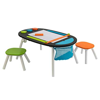 Durable Deluxe Chalkboard Art Table W/ 3 Sealable Spill-Proof Paint Cups, 2 Paper Rolls, 2 Colorful Surdy Stools Features Mesh Storage Compartment Great For Playroom For Ages 3 and Up