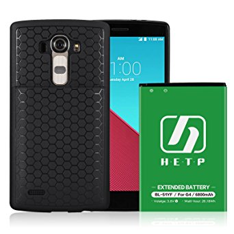 LG G4 Extended Battery | HETP [6800mAh] Li-Ion Battery with TPU Full Edge Protection Case & Black Back Cover for LG G4 (Up to 2.3X Extra Battery Power)-18 Month Warranty
