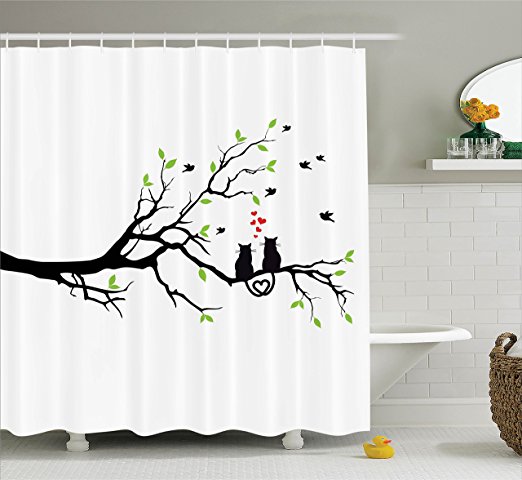 Ambesonne Cat Lover Decor Collection, Cats in Love on Tree Branch with Flying Birds Nature Romance Illustration, Polyester Fabric Bathroom Shower Curtain, 75 Inches Long, Green Black White