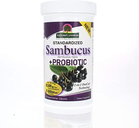 Nature's Answer Sambucus   Probiotic | New 2-in-1 Double Your Immune Support | 32,000mg Standardized Fresh Elderberry Duo Cap with 10 Billion CFU Probiotic | Gluten-Free, Non-GMO | 60 Vegan Capsules