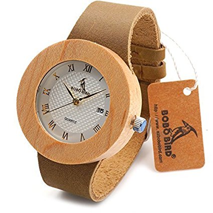 BOBO BIRD B91401 Vintage Round Wooden Watches For Women Quartz Watches With Calendar Leather Bands