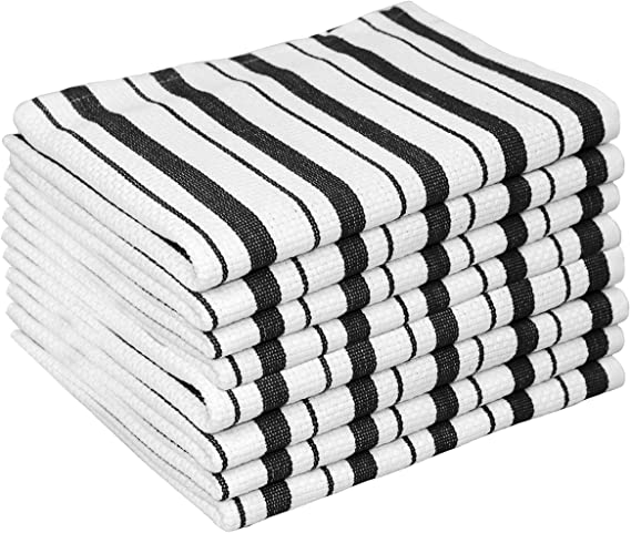 COTTON CRAFT - 8 Pack – Basket Weave Kitchen Towels - Black - 100% Cotton -Oversized 20x30 –with Hanging Loop- Modern Clean Striped Pattern
