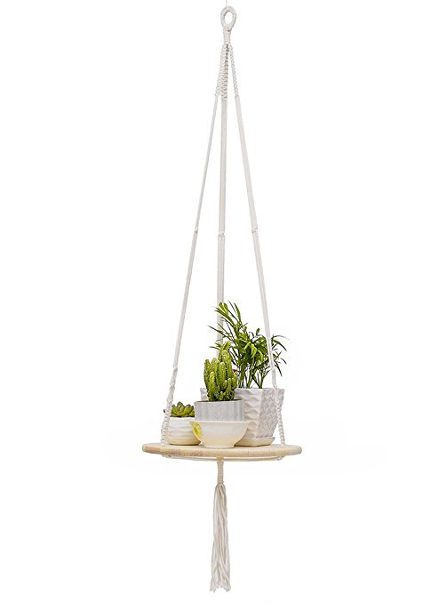 Plant Hanger,YXMYH Macrame Plant Hanger Shelf Hanging Planter Home Decor Cotton Cord and Pine Shelf -BOHO Bohemian Home Decor 43 Inches (Round)