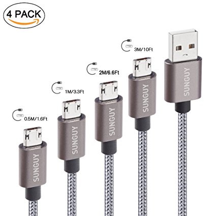 Reversible Micro USB Cable,SUNGUY [4-Pack] 0.5M/1M/2M/3M Double Sided Nylon Braided Durable Plugable Charging Data Sync Cable Cord for Samsung ,HTC, Motorola, Nokia and More (Grey)
