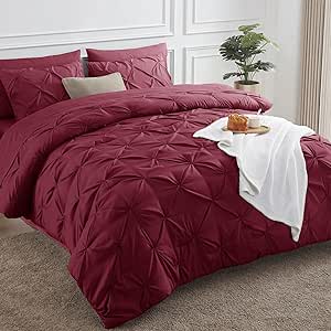 CozyLux King Comforter Set - 7 Pieces Comforters King Size Burgundy Red, Pintuck Bed in A Bag Pinch Pleat Bedding Sets with All Season Comforter, Flat Sheet, Fitted Sheet and Pillowcases & Shams